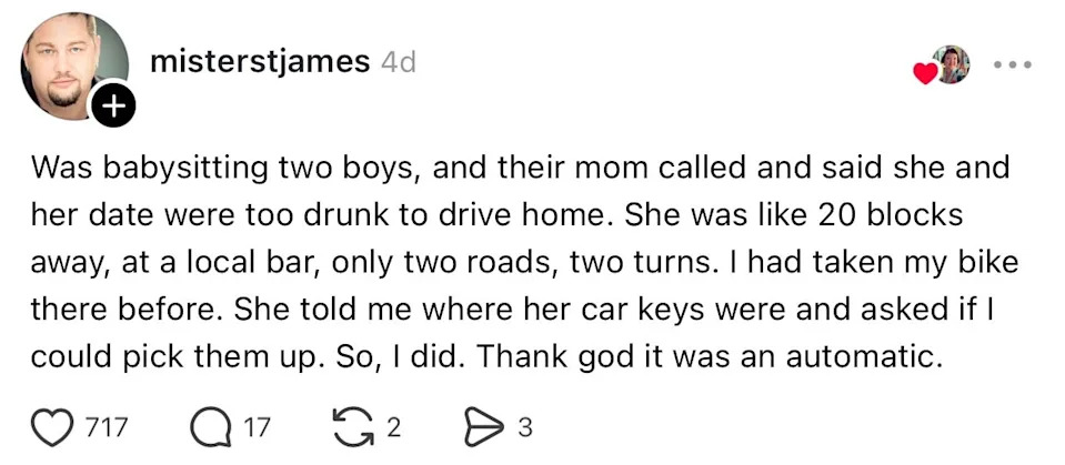 Social media post recounting a babysitting experience: person picked up a mom and her date who were too drunk to drive home