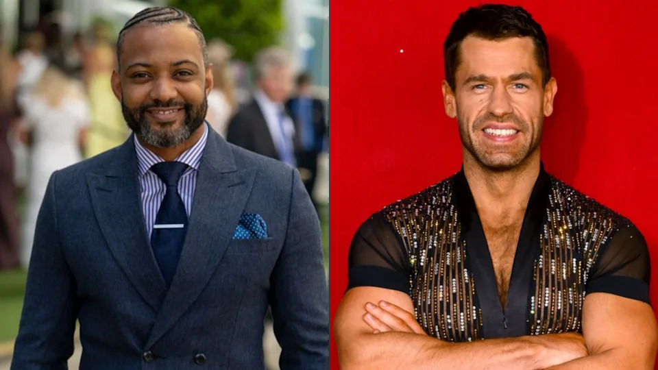 A composite image of two photos. On the left is JB Gill, who is smiling at the camera and wearing a blue blazer jacket, a blue and white stripy shirt and a navy tie. On the right is Kelvin Fletcher in a low cut black dancing top which has sequins on it. He has his arms folded and is smiling at the camera with short brown hair.