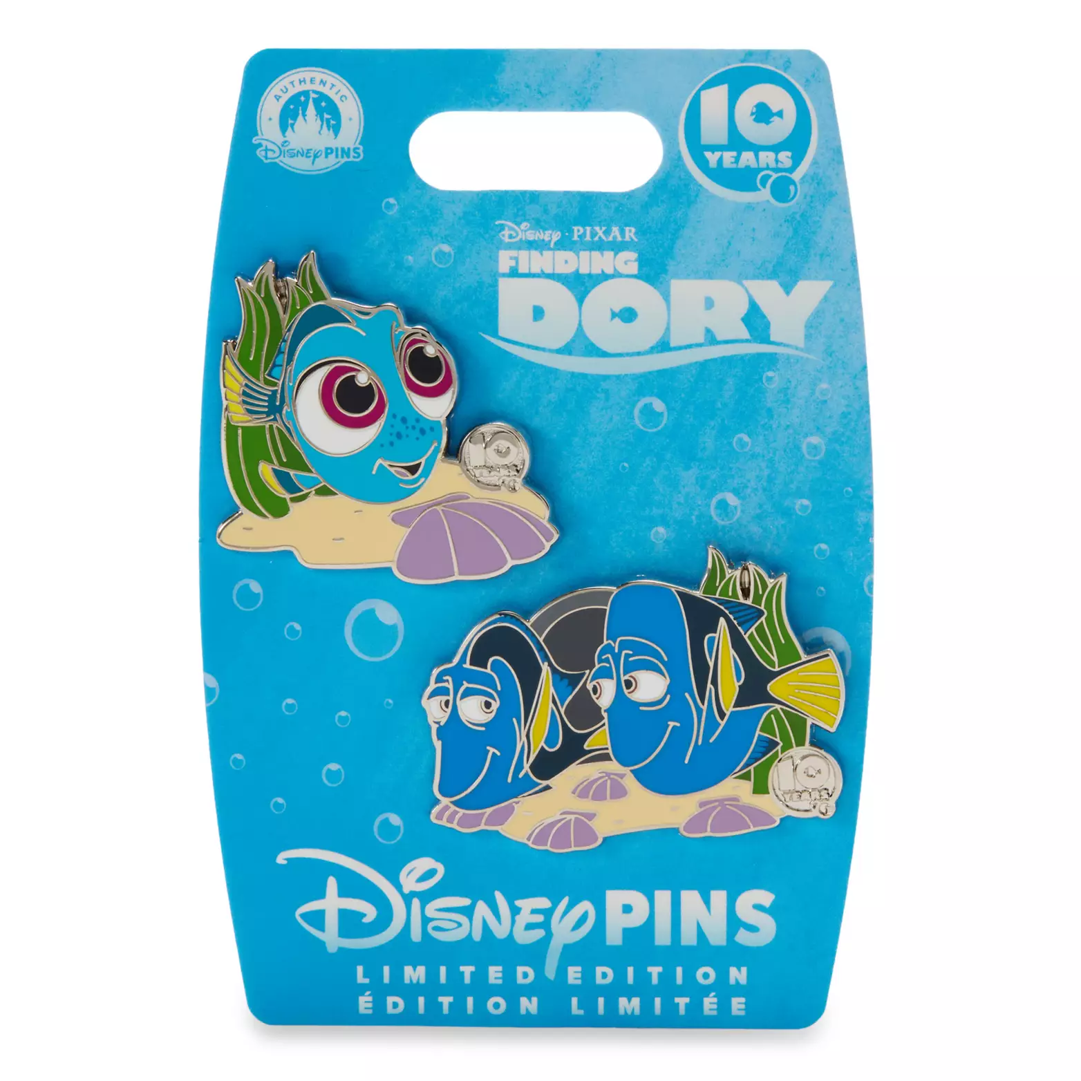 This two-part pin set has one pin of baby Dory and another of her parents, Jenny and Charlie. Each pin has a small, silver-toned emblem on the right side that says 