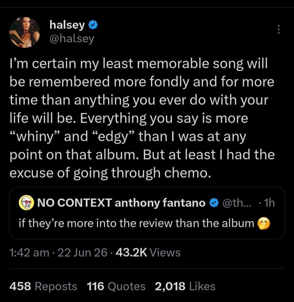 Halsey responds to Anthony fantano regarding his review of her album "the great impersonator" and his critique that she has main character syndrome