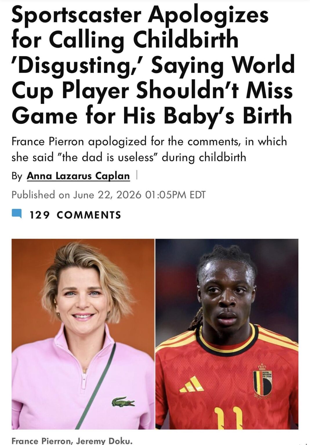 French broadcaster is walking back her comments after she criticized a Belgian soccer player’s decision to leave the World Cup for the birth of his first child
