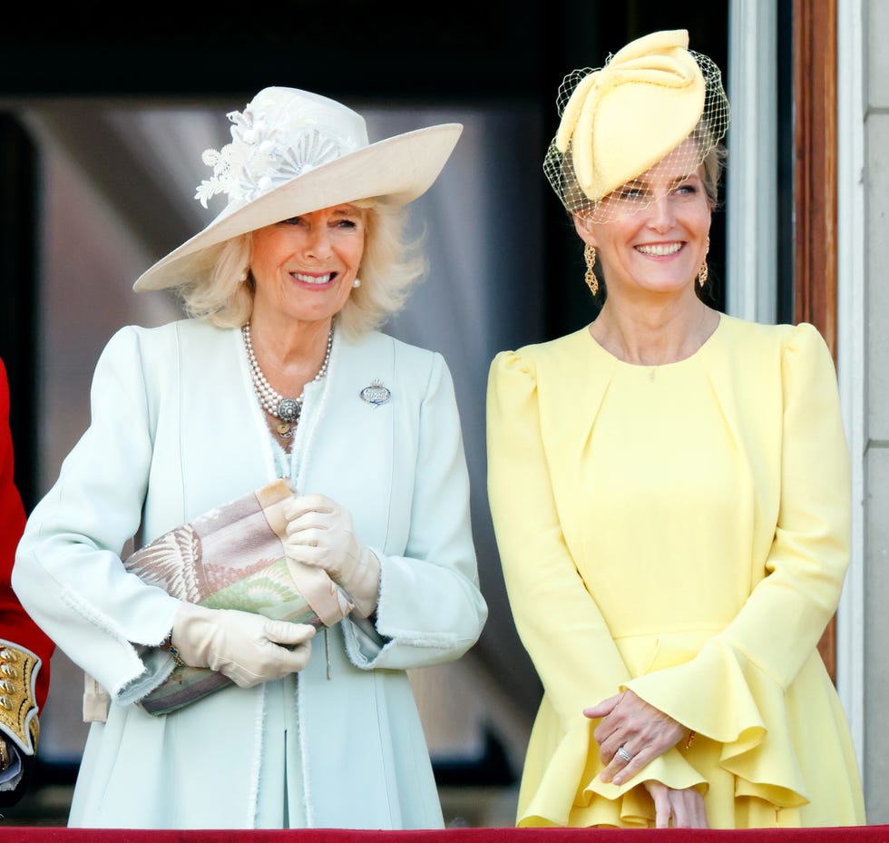 Trooping The Colour 2024 london, united kingdom june 15: (embargoed for publication in uk newspapers until 24 hours after create date and time) queen camilla and sophie, duchess of edinburgh watch an raf flypast from the balcony of buckingham palace after attending trooping the colour on june 15, 2024 in london, england. trooping the colour, also known as the kings birthday parade, is a military ceremony to mark the official birthday of the british sovereign. the ceremony takes place at horse guards parade followed by a flypast over buckingham palace and was first performed in the mid 17th century during the reign of king charles ii. the parade features all seven regiments of the household division with number 9 company, irish guards being the regiment this year having their colour trooped. (photo by max mumby/indigo/getty images)