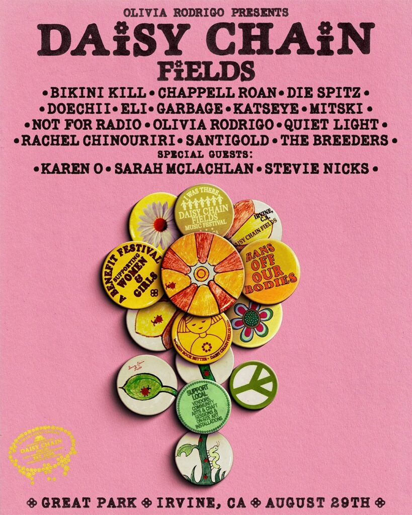 Olivia Rodrigo announced Daisy Chain Fields, her own festival with an all-women lineup. All profits will be donated to organizations focused on women and girls. Olivia Rodrigo announced Daisy Chain Fields, her own festival with an all-women lineup. All profits will be donated to organizations focused on women and girls.