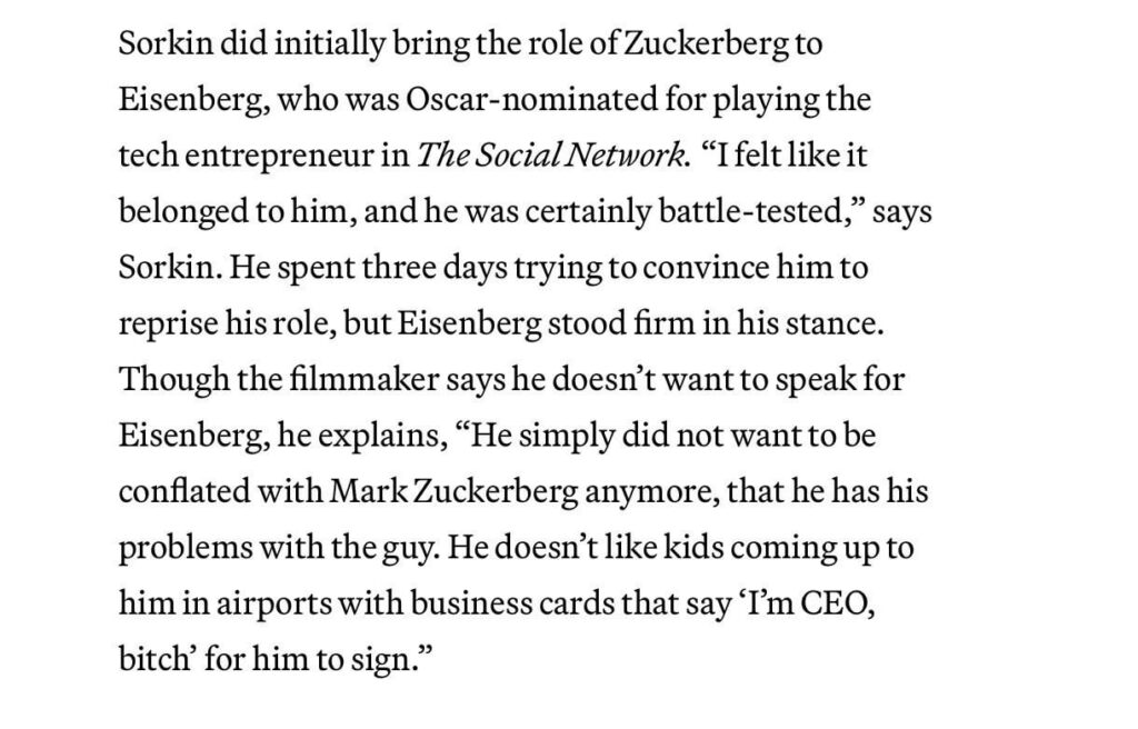 Aaron Sorkin says he spent 3 days trying to convince Jesse Eisenberg to reprise his role as Mark Zuckerberg but Jesse doesn’t want to be conflated with Zuckerberg anymore