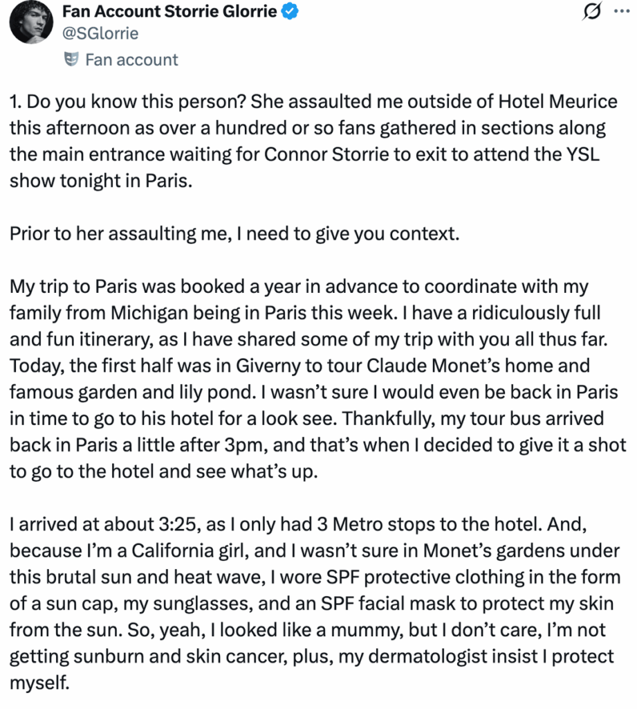 Allegedly, Simone Cromer (former ClubChalamet) was jumped by protective Connor Storrie's fans today outside Connor's hotel