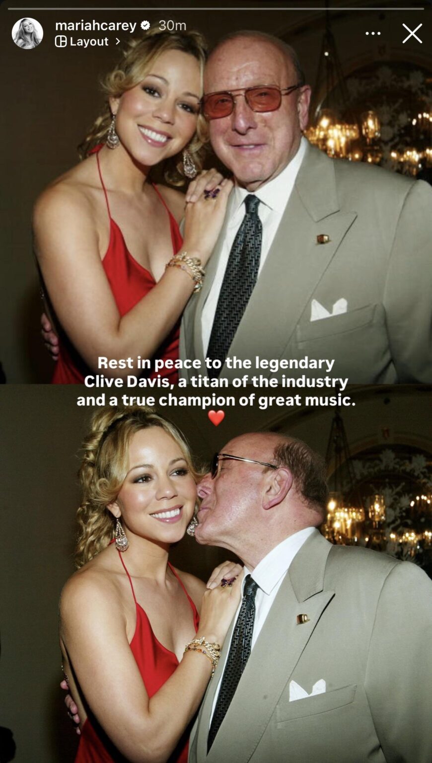 Mariah Carey pays tribute to Clive Davis on Instagram who passed away today at 94
