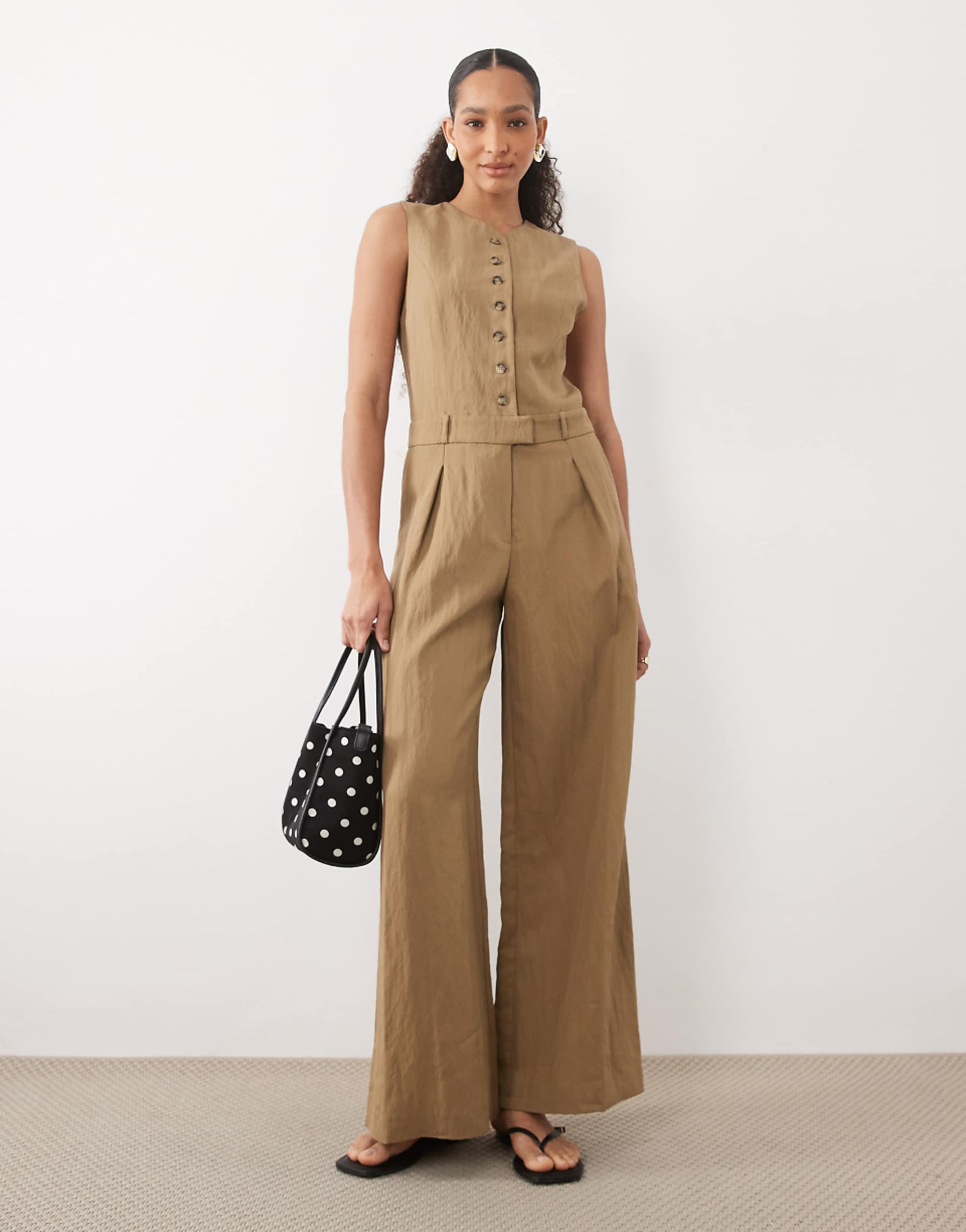 Mango Button Up Tailored Jumpsuit in Light Khaki