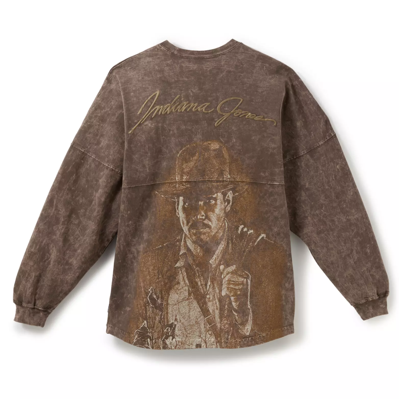 In the center of the back is Indiana Jones' signature. Below that is a large image of Dr. Jones seemingly approaching the golden Ark.