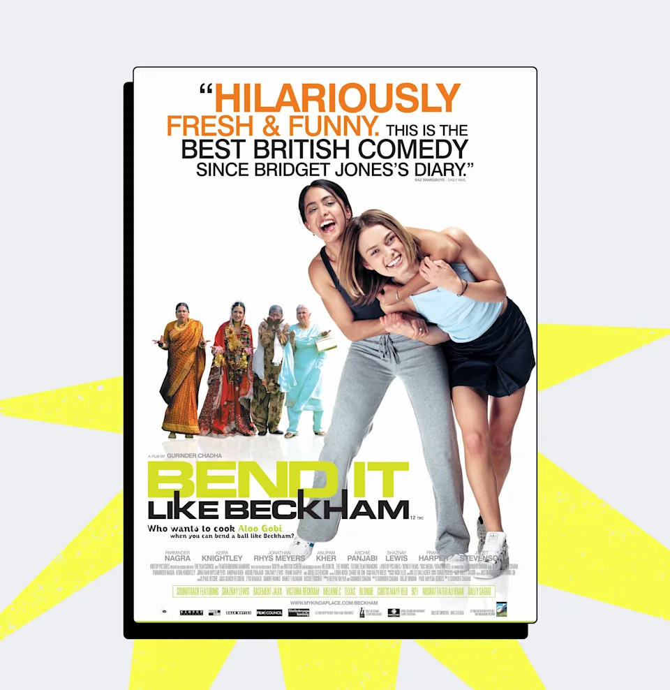 Movie poster for "Bend It Like Beckham" shows Parminder Nagra with her arm around Keira Knightley.