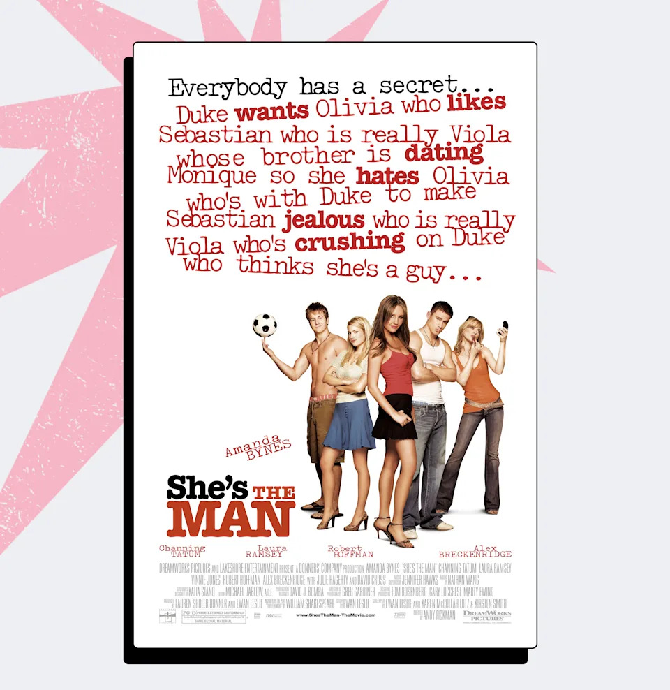 A group of teens in a cluster on the poster for She's the Man. One boy is holding a soccer ball.