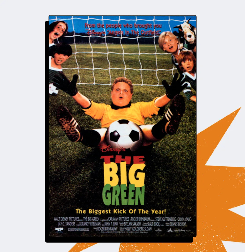 Poster for Disney's The Big Green featuring a youth soccer goalkeeper sprawled in front of the net with a soccer ball, surrounded by surprised children peeking through the goal and a goat looking on from the corner.
