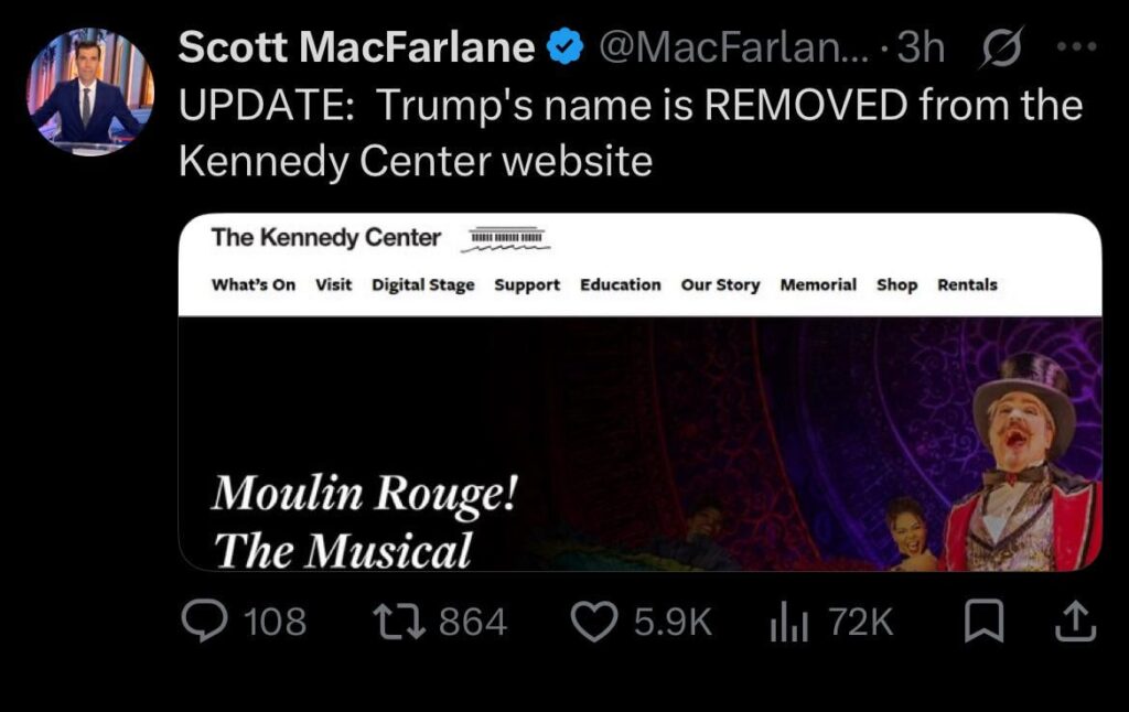 Trump's name is removed from the Kennedy Center website