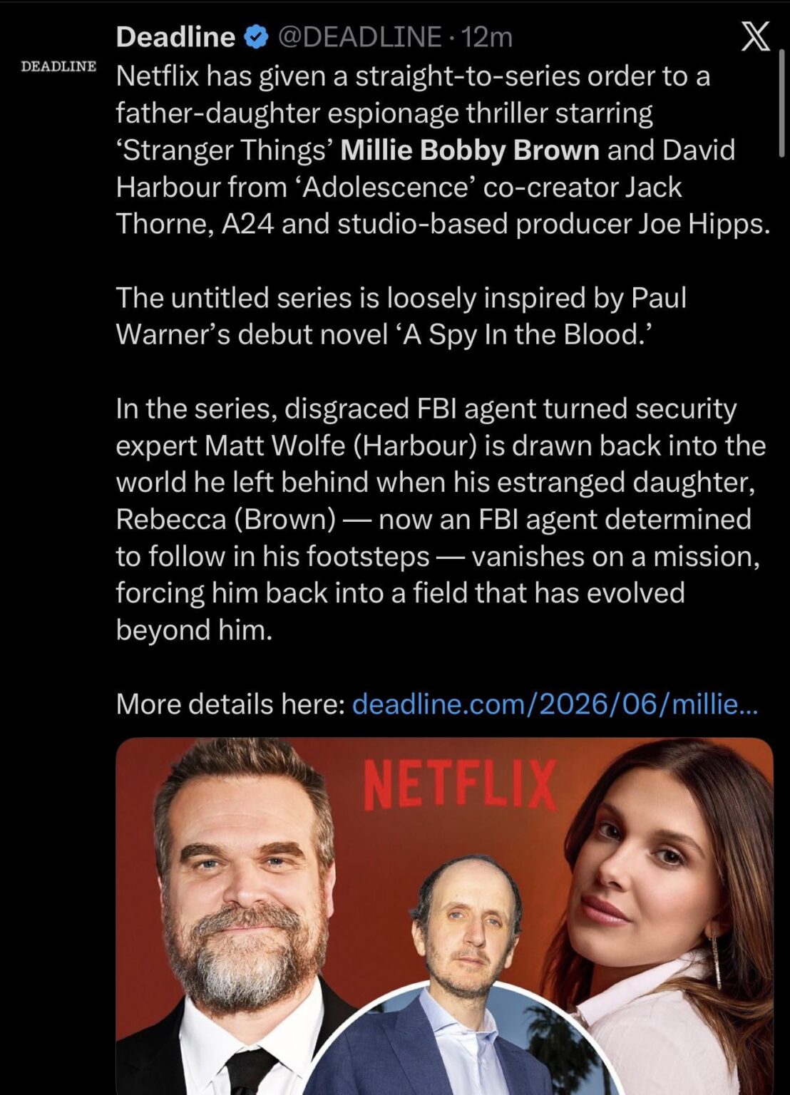 Millie Bobby Brown and David Harbour are reuniting for a new Netflix Spy drama