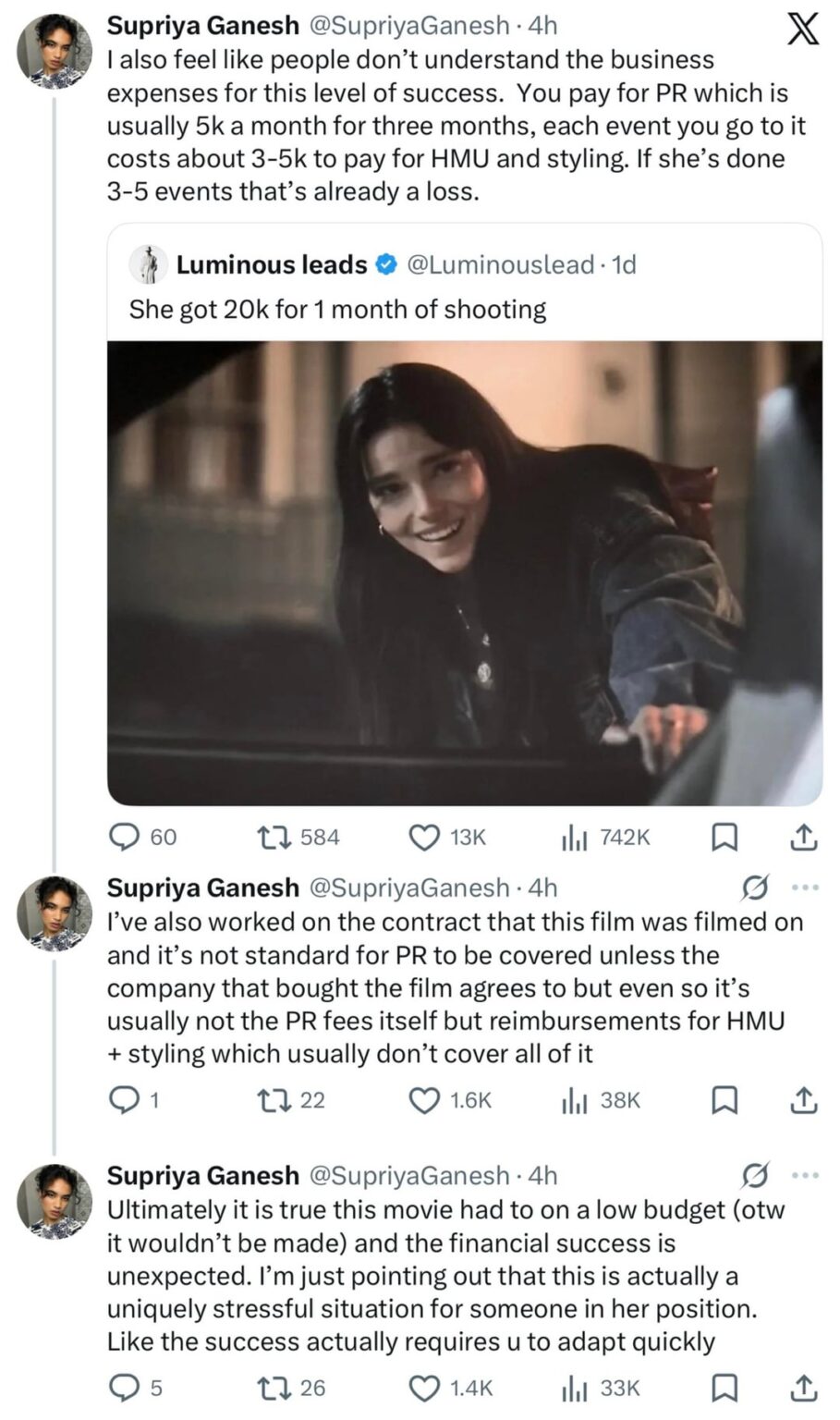 Supriya Ganesh comments on reports Obsession’s breakout star Inde Navarrette earned 20k for 1 month of shooting: “If she's done 3-5 events that's already a loss.”