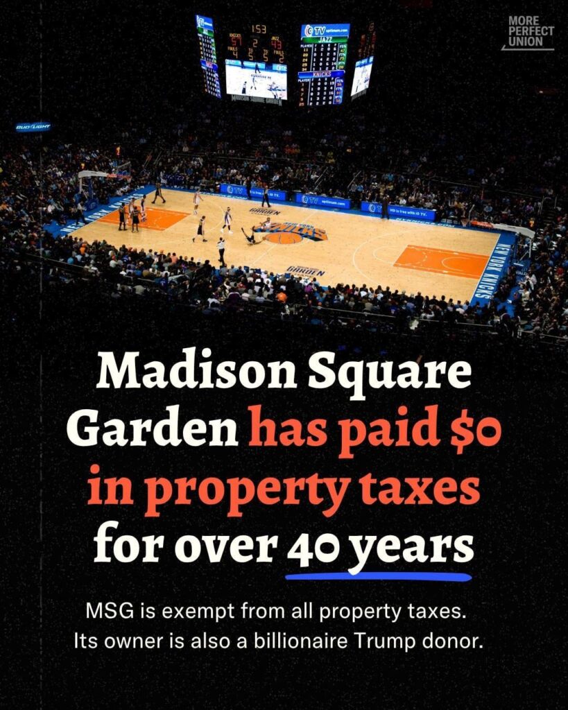 Ticket prices for the NBA Finals game 6 at Madison Square Garden are skyrocketing. Meanwhile, James Dolan’s MSG pays $0 in property taxes due to an exemption. It’s estimated MSG has have avoided paying ~ $1 billion property taxes since the mid 1980s.