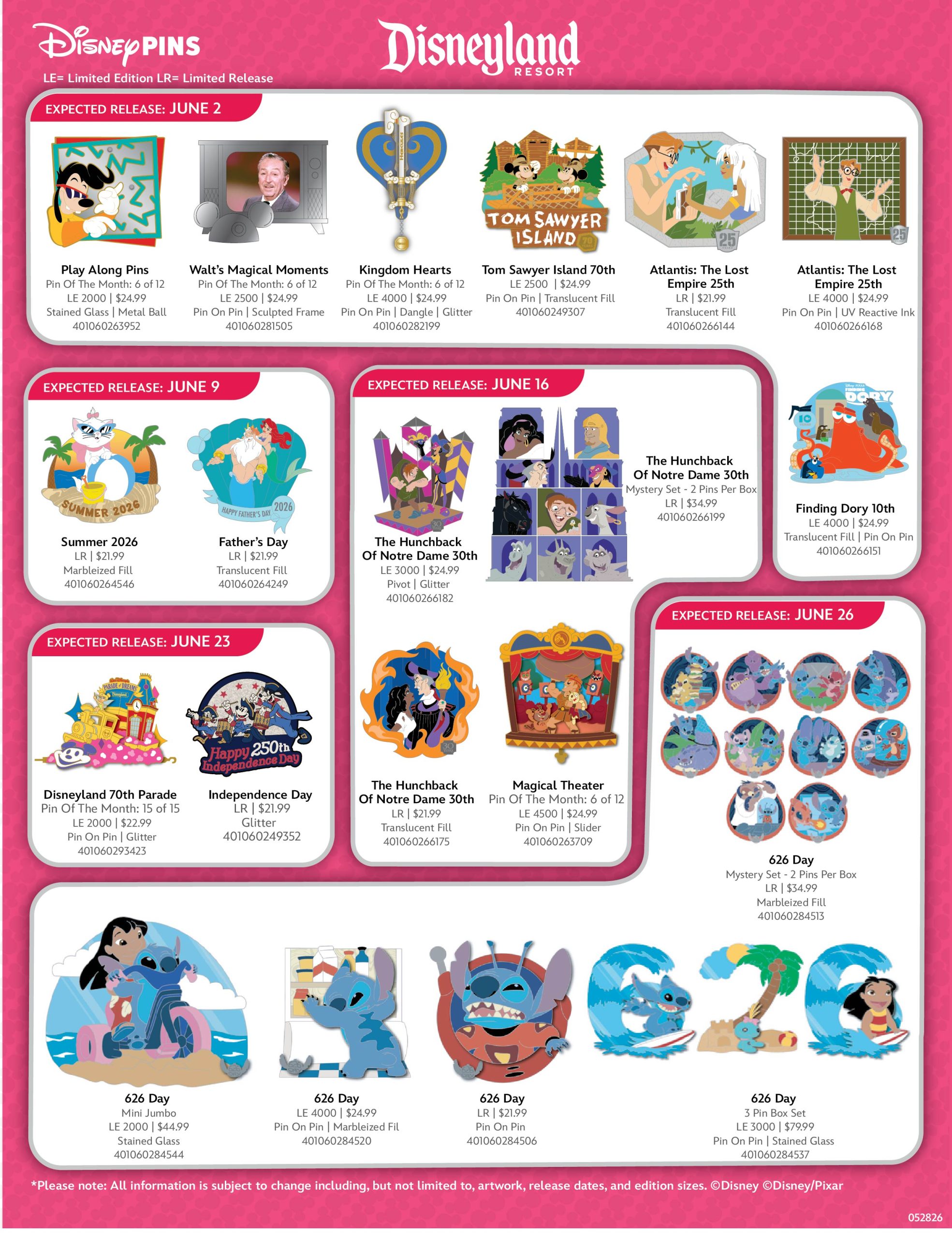 'Atlantis,' 'Kingdom Hearts,' Walt's Magical Moments, 'Hunchback,' Stitch, and More Pins Coming to Disneyland Resort in June
