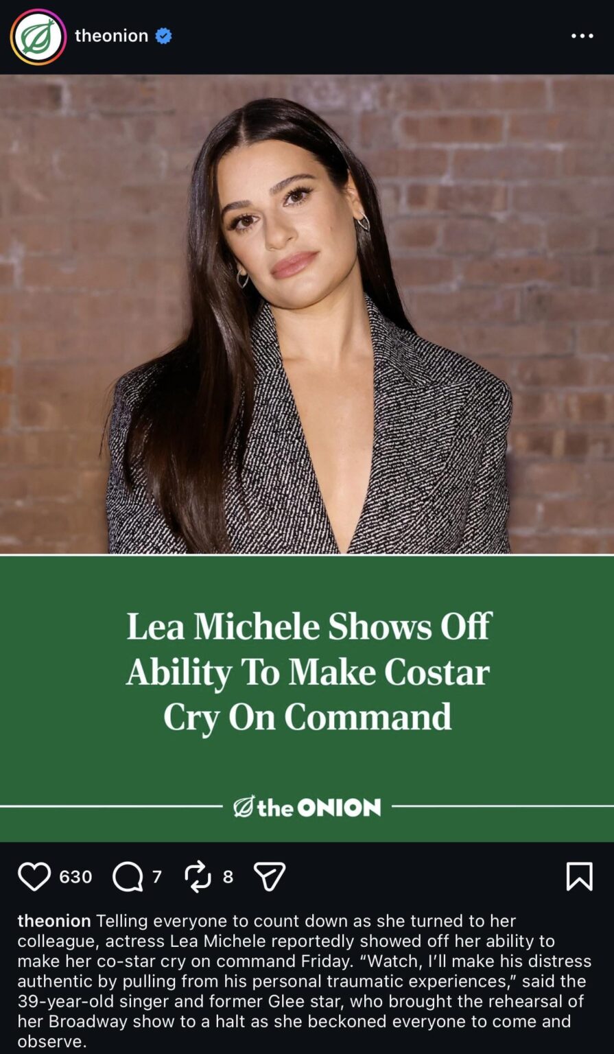 The Onion: Lea Michele Shows Offf Ability To Make Costar Cry On Command