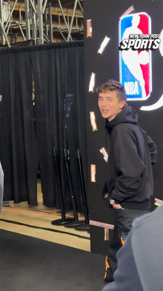 Timothée Chalamet arrives for Game 2 between the Knicks and Spurs on June 5.