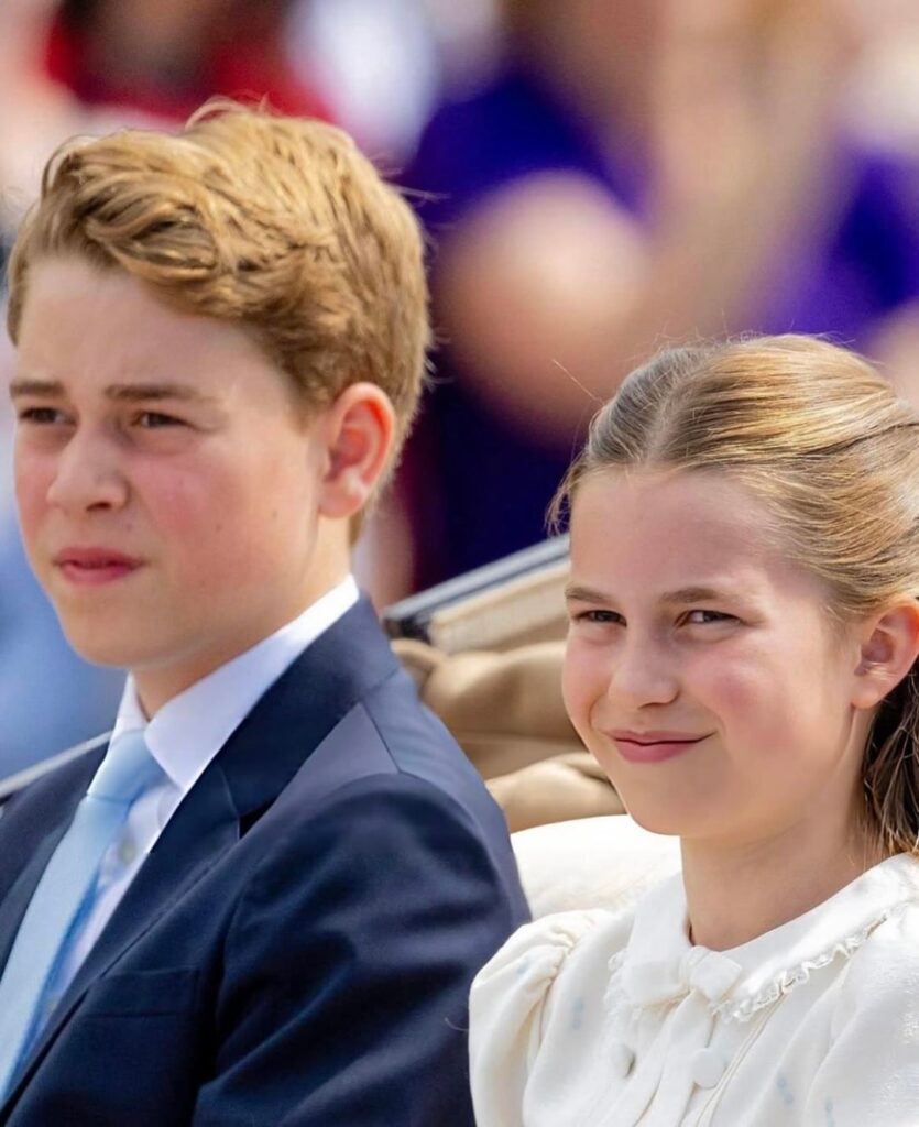 Prince George of Wales and Princess Charlotte of Wales attend Trooping the Colour on the occasion of King Charles Ill's 77th birthday celebrations