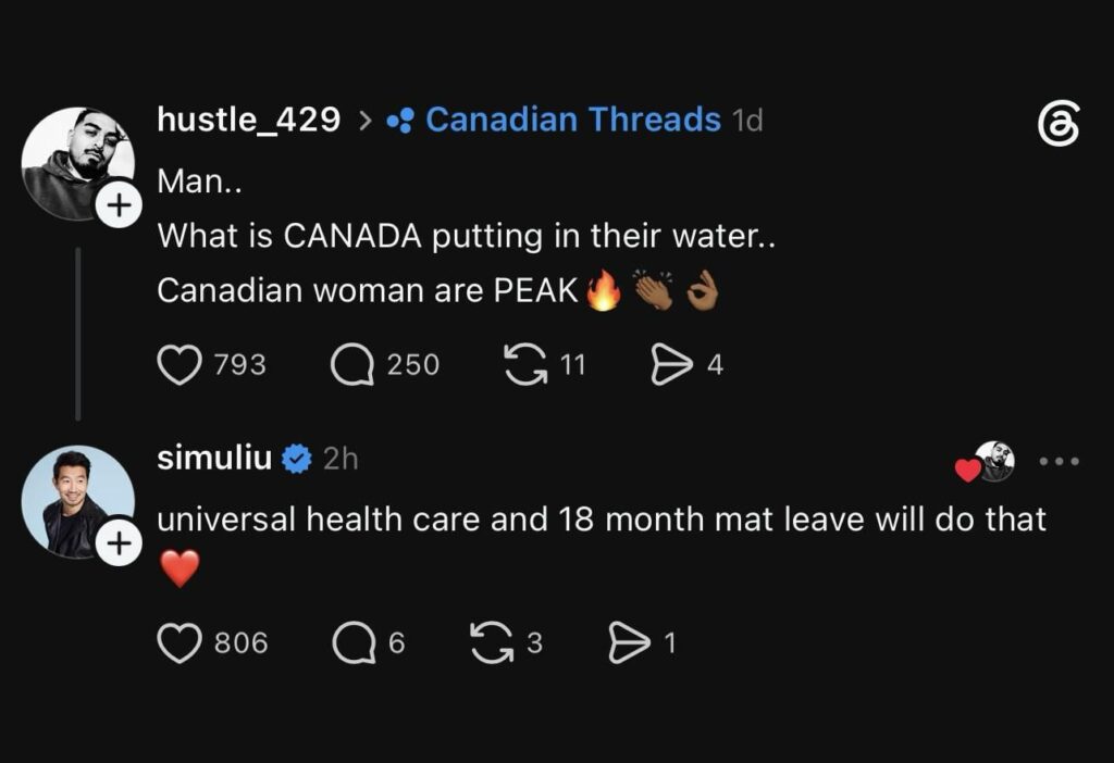 Simu Liu responds to comment saying Canadian women are peak: “universal health care and 18 month mat leave will do that ❤️”