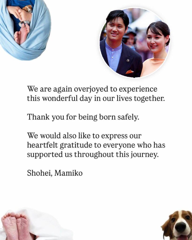 Los Angeles Dodgers superstar Shohei Ohtani & his wife Mamiko Tanaka have welcomed their second child, a baby boy: “We are again overjoyed to experience this wonderful day in our lives together. Thank you for being born safely.” Los Angeles Dodgers superstar Shohei Ohtani & his wife Mamiko Tanaka have welcomed their second child, a baby boy: “We are again overjoyed to experience this wonderful day in our lives together. Thank you for being born safely."
