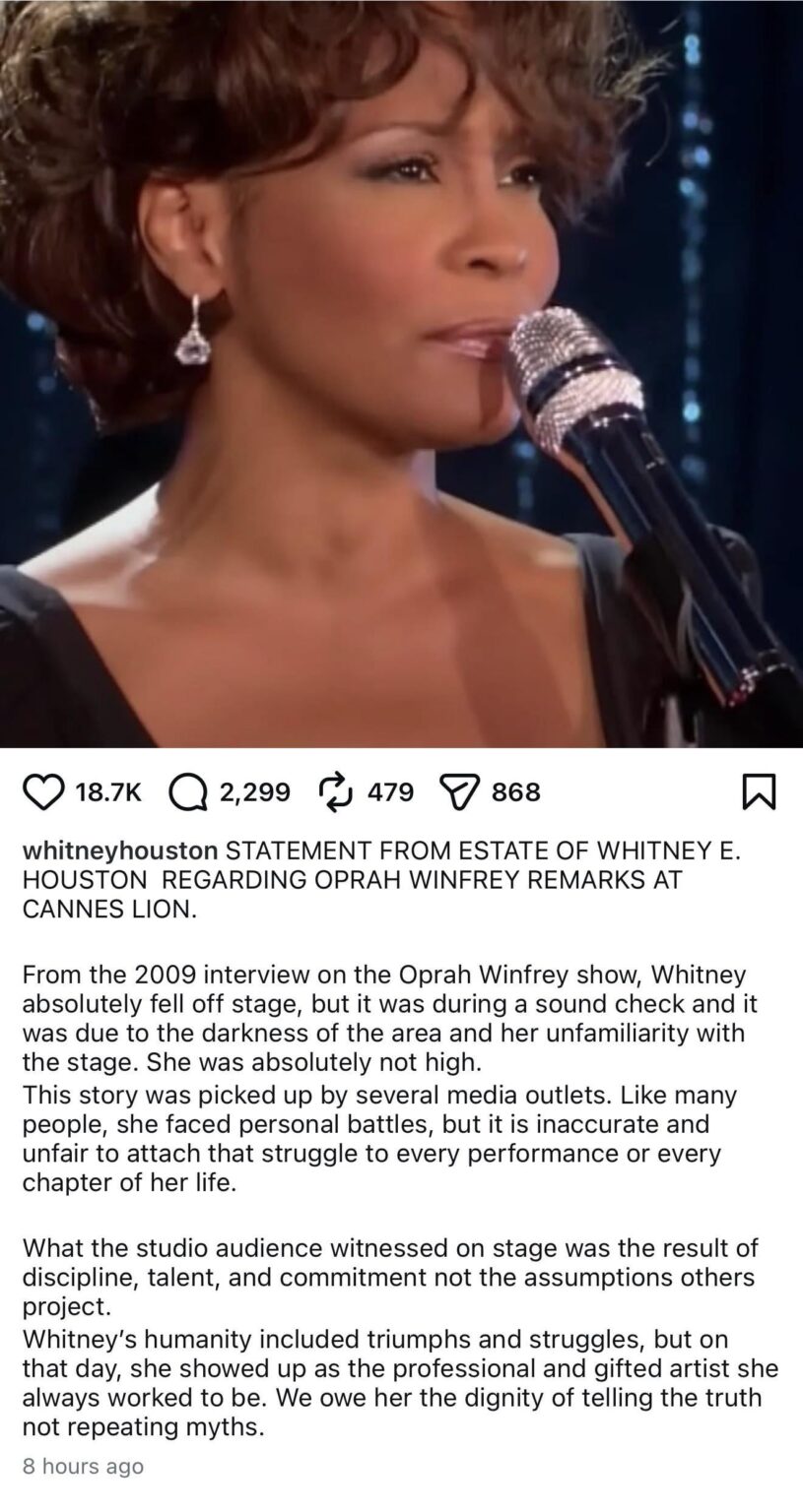 Whitney Houston’s estate confirms she fell off stage during the Oprah Winfrey show in 2009 but deny it was due to Whitney being high as Oprah claimed