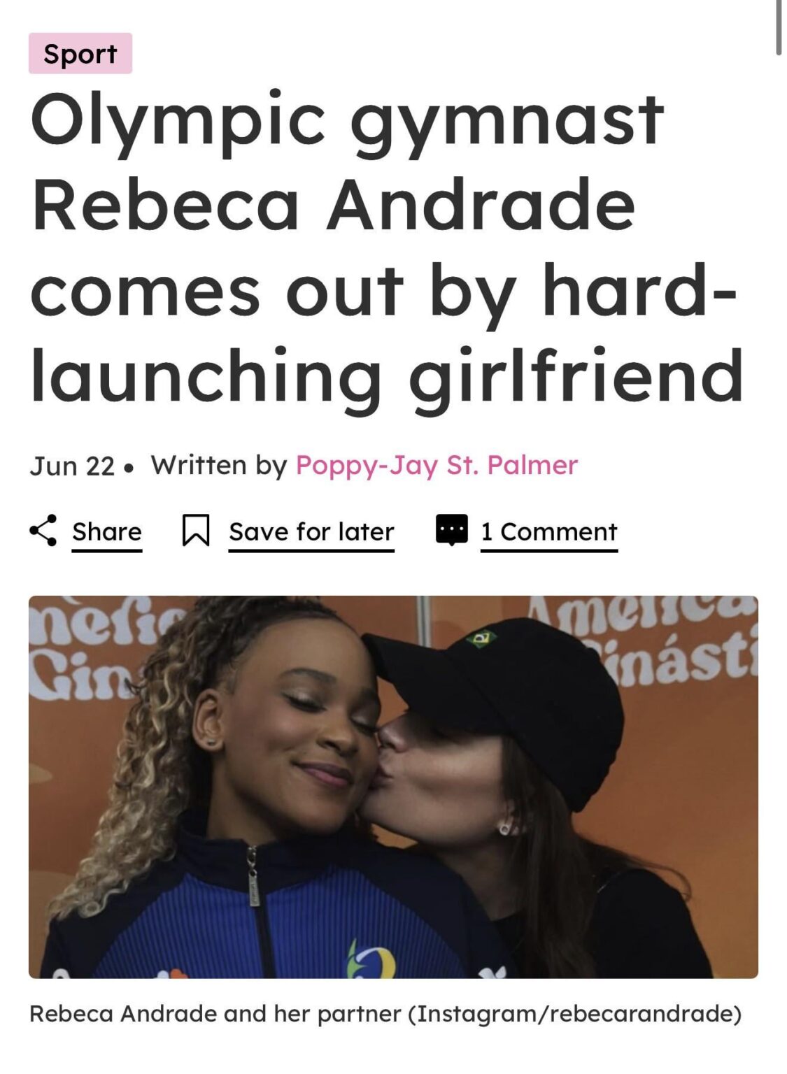 Brazilian Olympic gymnast Rebeca Andrade, comes out by sharing a photo with her girlfriend on instagram stories