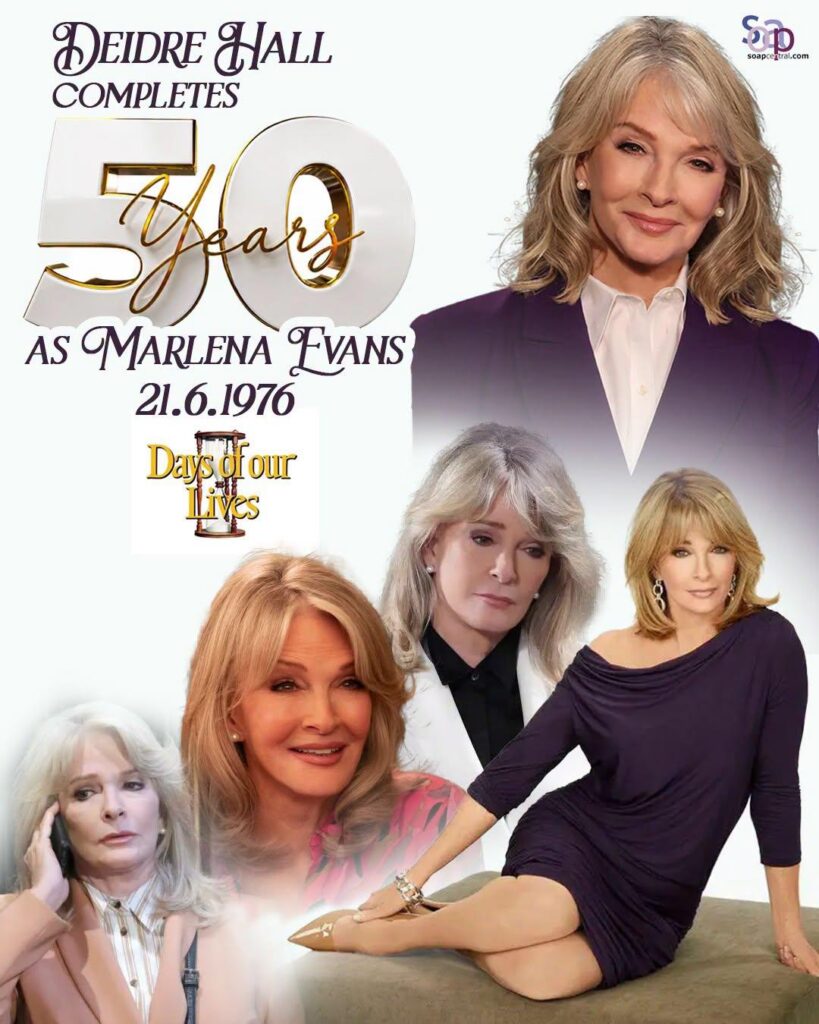 Happy 50th DAYS-aversary to Deidre Hall, the woman behind the iconic character of Days of Our Lives’ Marlena Evans, who debuted on this day in 1976 Happy 50th DAYS-aversary to Deidre Hall, the woman behind the iconic character of Days of Our Lives' Marlena Evans, who debuted on this day in 1976