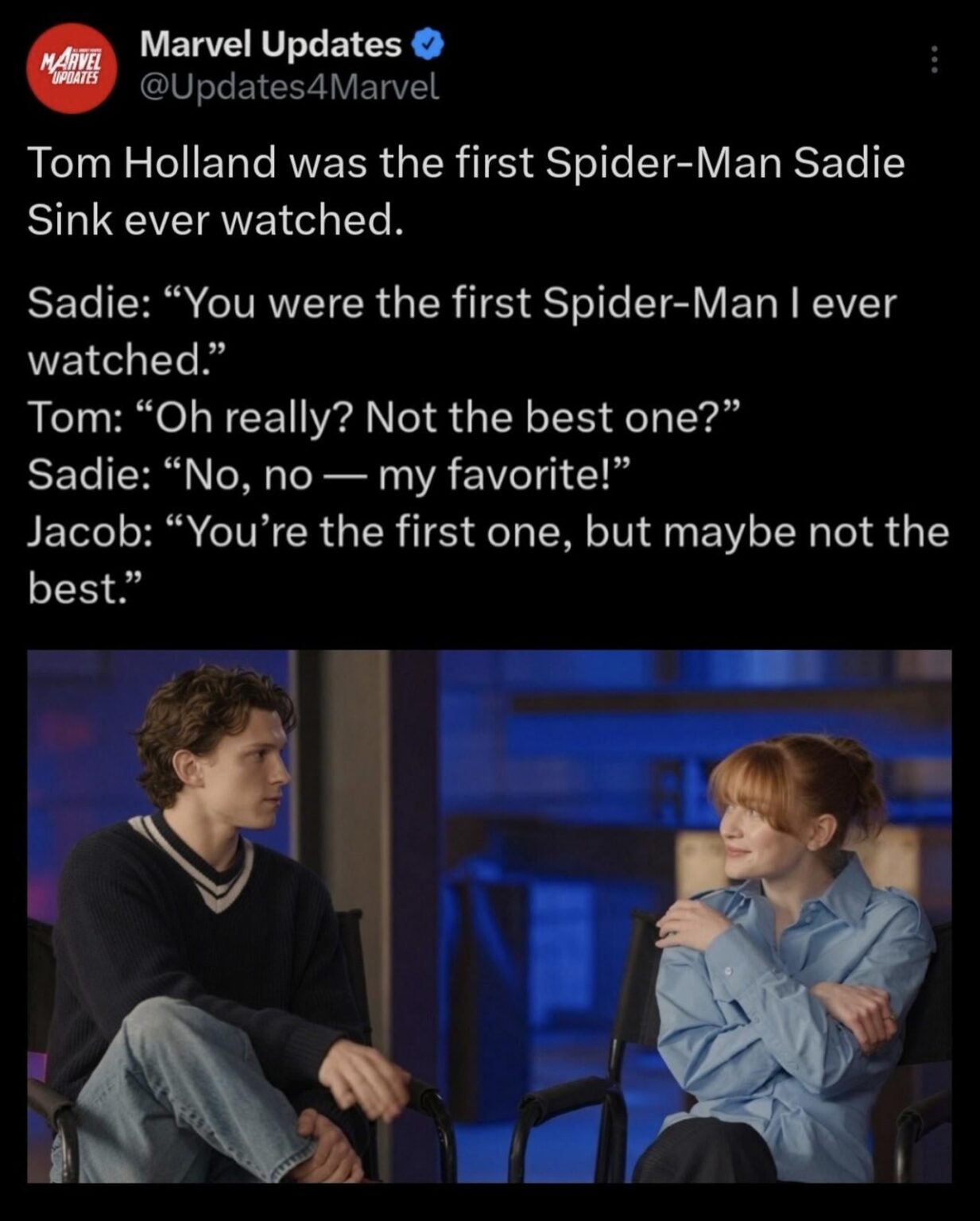 Sadie Sink reveals Tom Holland is the first Spider-Man she ever watched