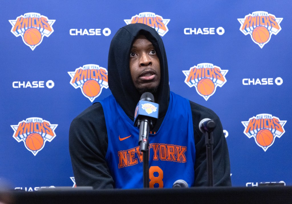 Knicks forward Og Anunoby speaking to the media after practice at the Knicks practice facility in Tarrytown, New York.

