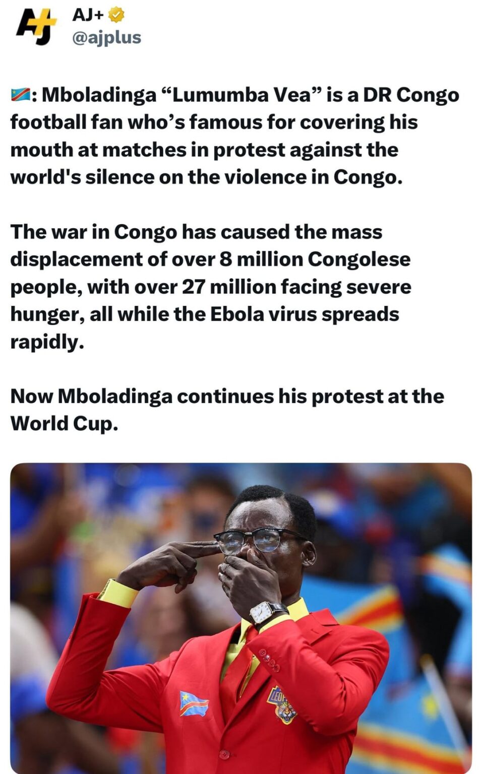 “Lumumba Vea” is a DR Congo football fan who’s famous for covering his mouth at matches in protest against the world's silence on the violence in Congo.