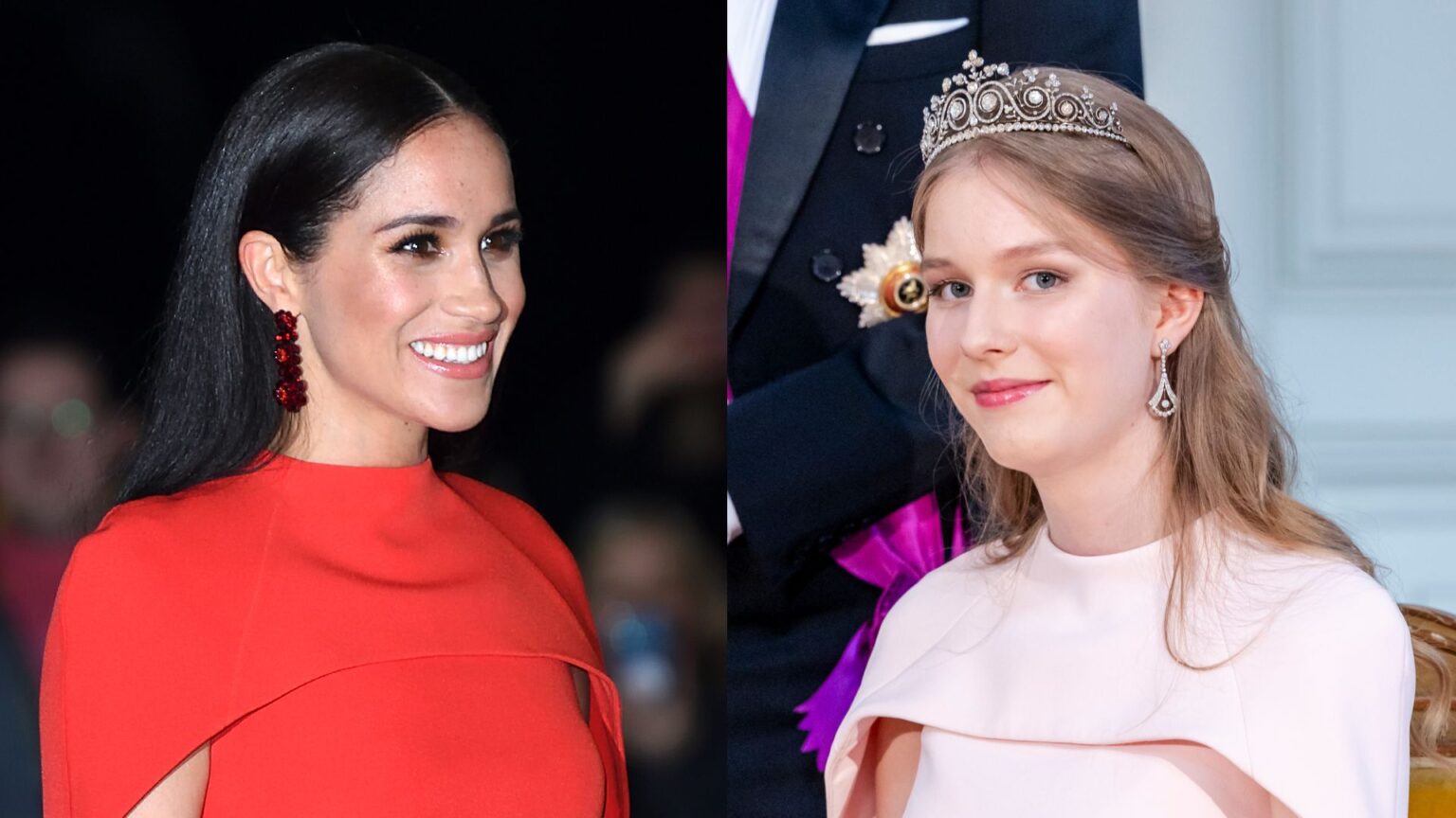 A split photo of Meghan Markle in a red caped dress and Princess Eleonore in the same dress in pink