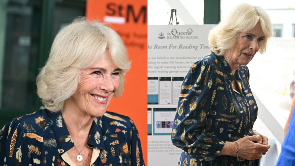 Queen Camilla Does Fiona Clare Feathers for London Outing Queen Camilla wears Fiona Clare during a visit to one of St Mungo's homelessness accommodation sites on June 10 in London.