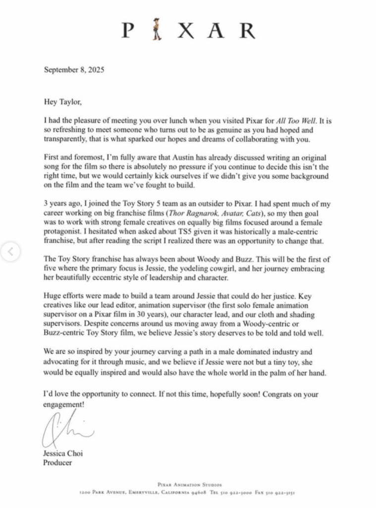 Toy Story 5 producer Jessica Choi shares the letter she sent Taylor Swift, requesting her involvement in the film and emphasising efforts to make it female-driven. The letter also reveals that Taylor had originally declined to make an original song.