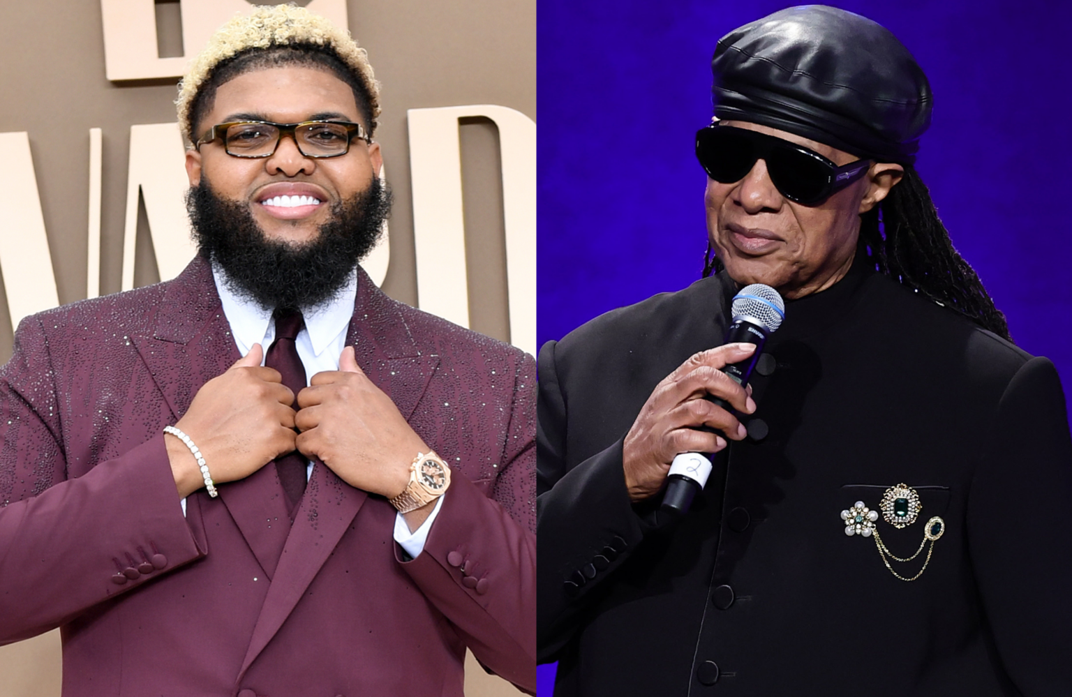 Druski in a burgundy suit smiling, and Stevie Wonder in black attire with sunglasses, holding a microphone.
