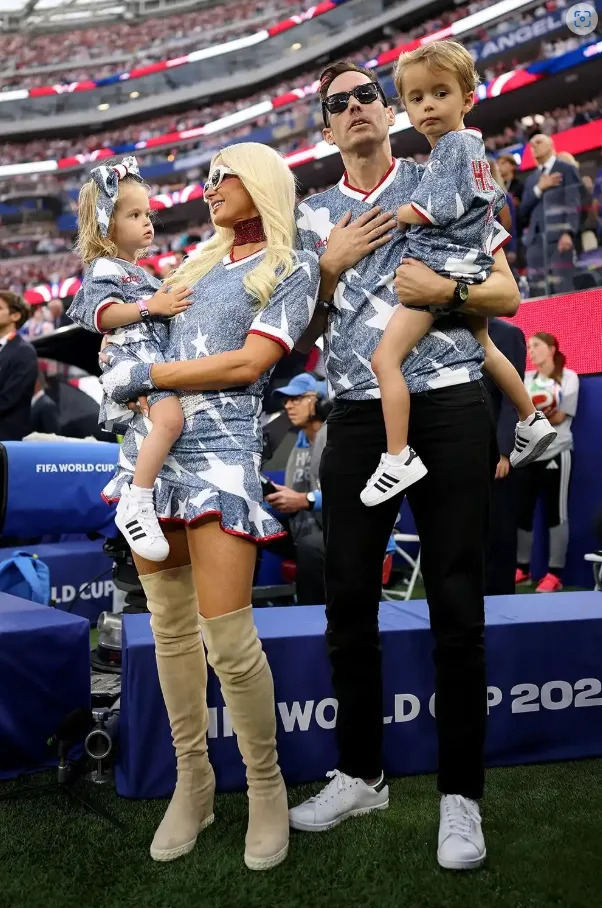Paris Hilton, Carter Reum, and their children wear matching Adidas Team USA outfits before the Team USA vs. Turkey FIFA World Cup 2026 match.