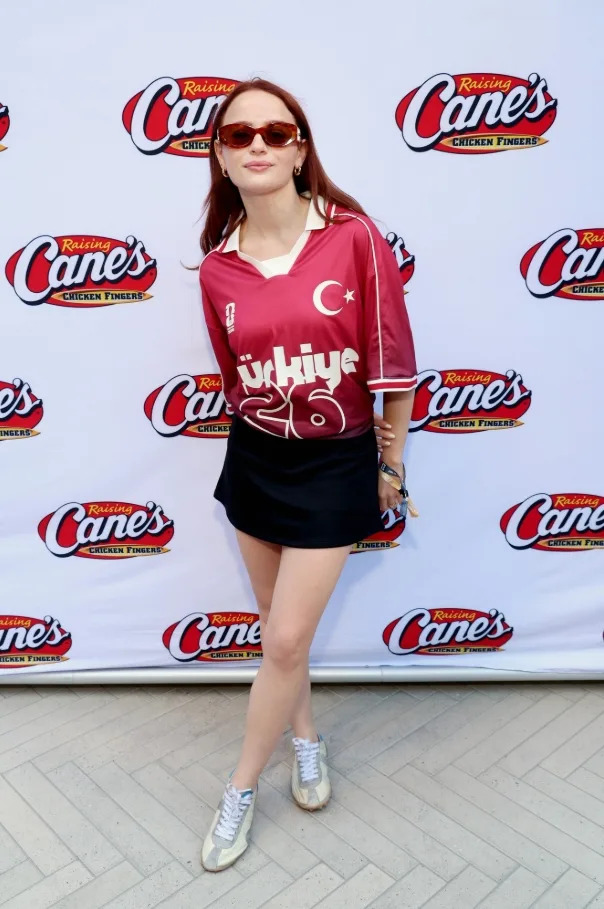 Joey King paired a Turkey soccer jersey with a black mini skirt and sneakers for the World Cup event.
