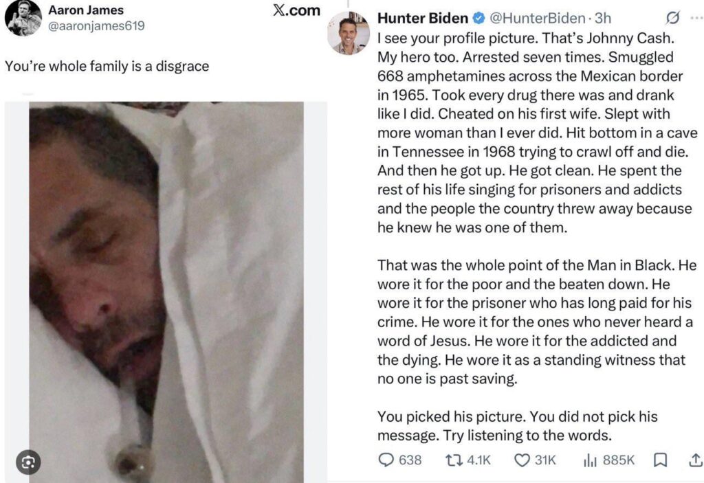 Hunter Biden educates a MAGA voter on Johnny Cash: “You picked Johnny Cash’s picture. You did not pick his message. Try listening to the words.”