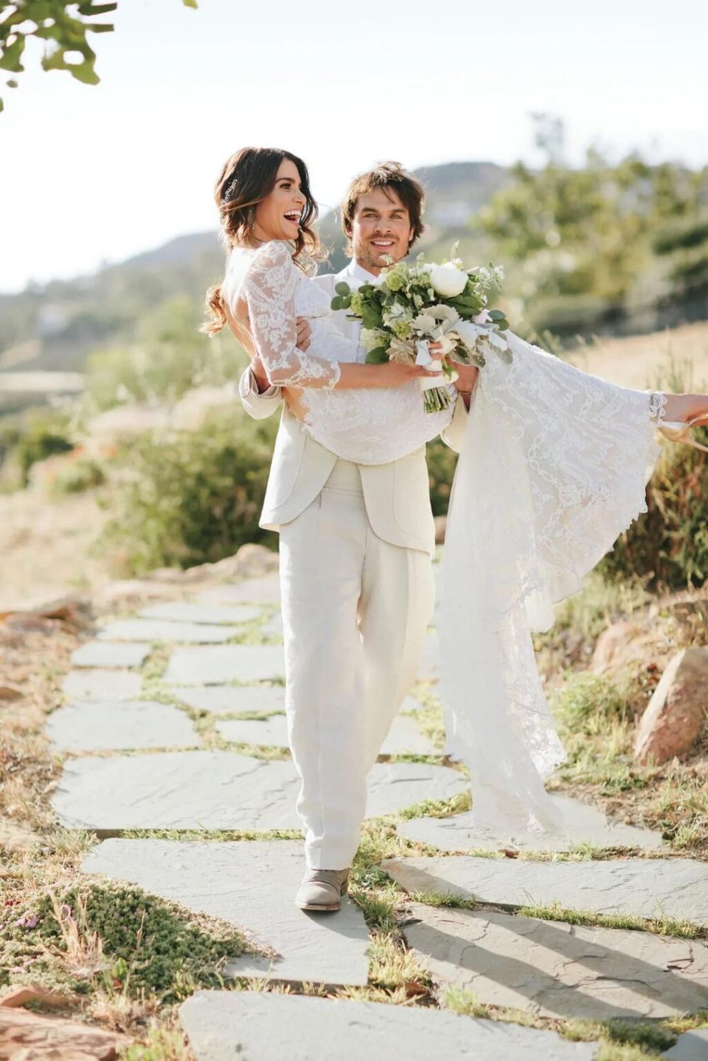 Pictures from Nikki Reeds and Ian Somerhalders wedding. They were introduced by mutual friends due to shared interests in Philanthropy. They remained friends for years before they started dating mid 2014 and got married less than a year later in April 2015 in Malibu, they share 2 kids together