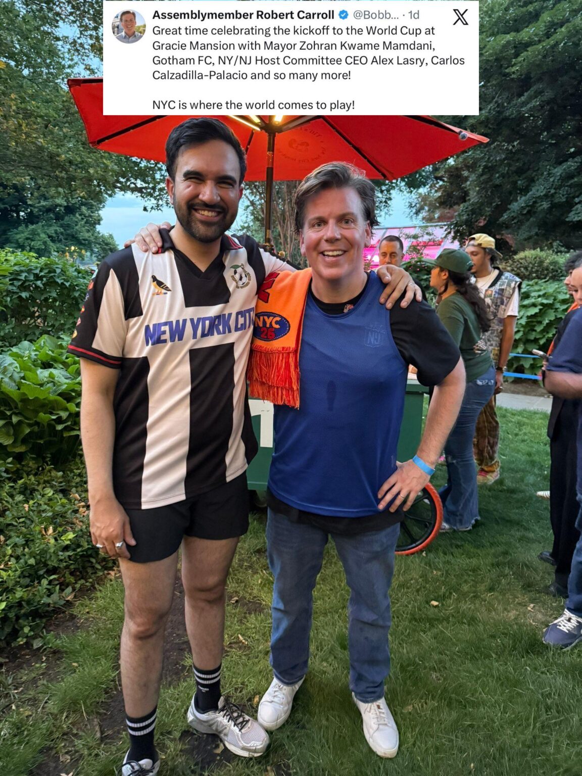 NYC Mayor Zohran Mamdani showed off his legs during his World Cup kickoff at Gracie Mansion, joined by Assemblymember Robert Carroll.