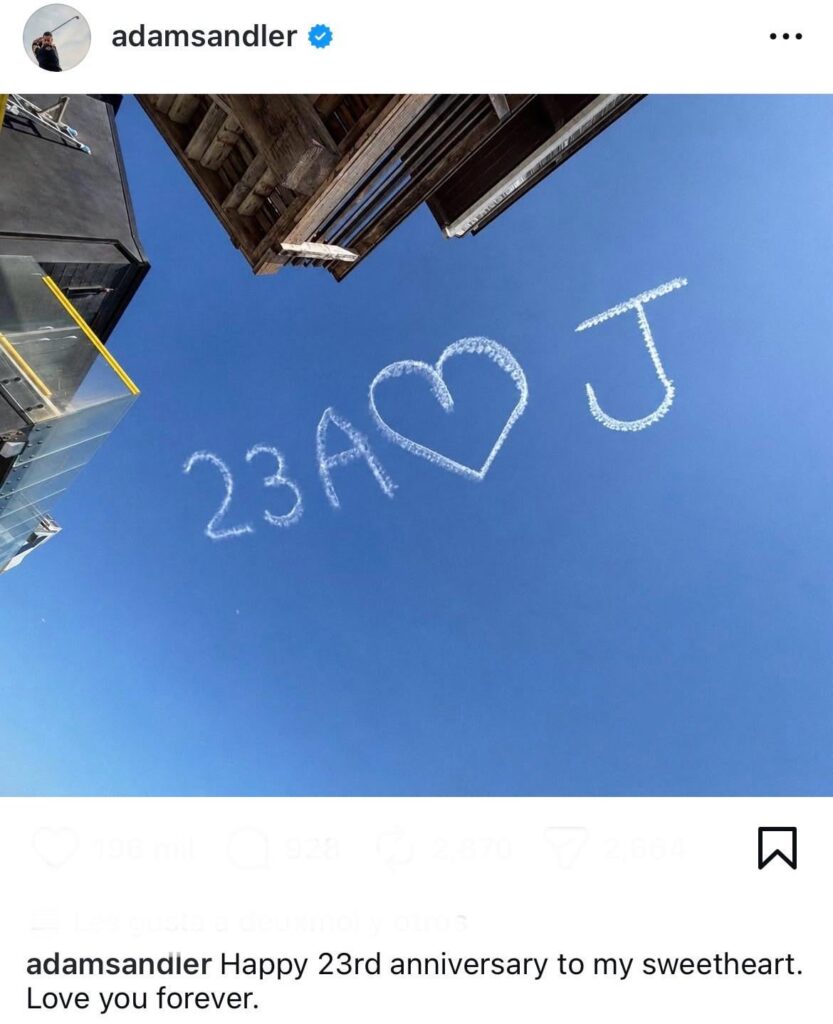 Adam Sandler celebrates his 23rd wedding anniversary with wife Jackie via skywriting: ‘Happy 23rd to my sweetheart. Love you forever’