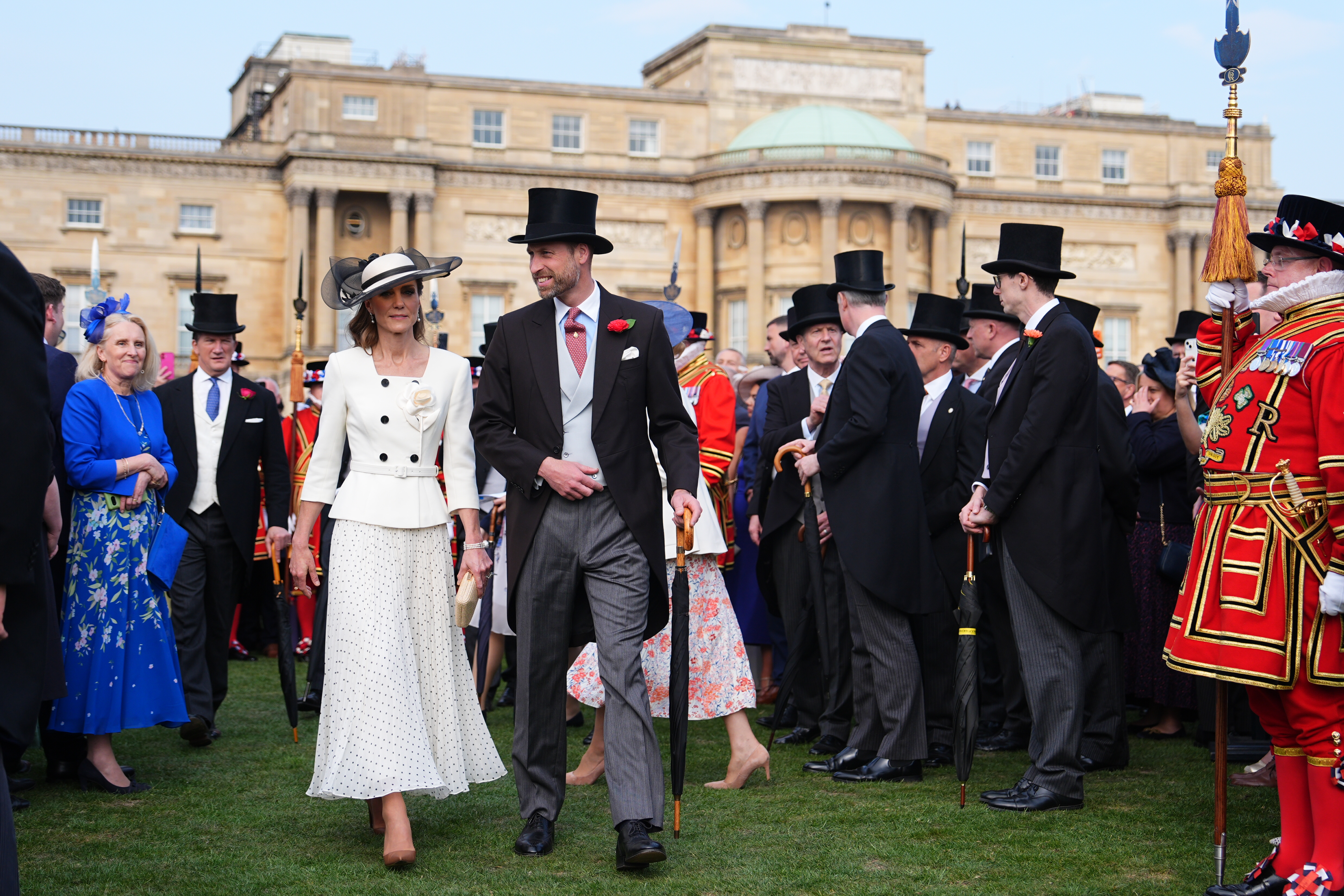 Catherine, Princess of Wales, and Prince William, Prince of Wales, during a Royal Garden Party at Buckingham Palace on May 8, 2026 in London, England. (Photo by Aaron Chown - WPA Pool/Getty Images)