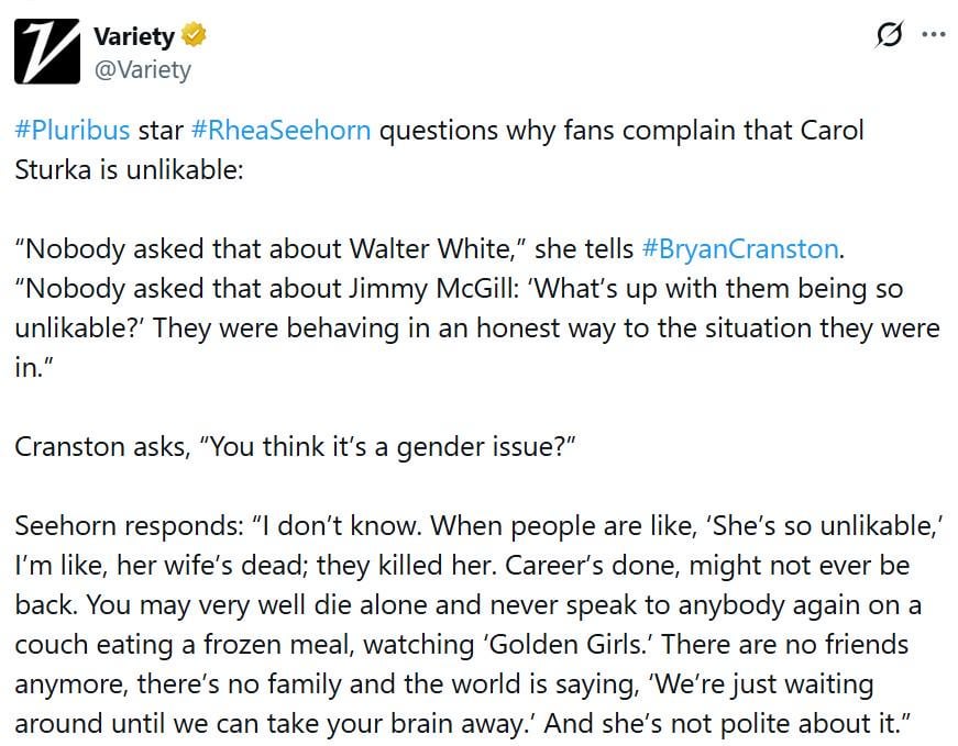 Rhea Seehorn questions why fans complain that Carol Sturka is unlikable: “Nobody asked that about Walter White, nobody asked that about Jimmy McGill: ‘What’s up with them being so unlikable?’ They were behaving in an honest way to the situation they were in.”