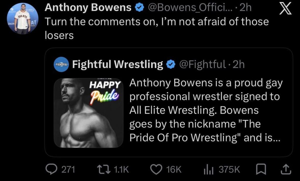 Openly gay professional wrestler Anthony Bowens responds to a pride post mentioning him turning comments off