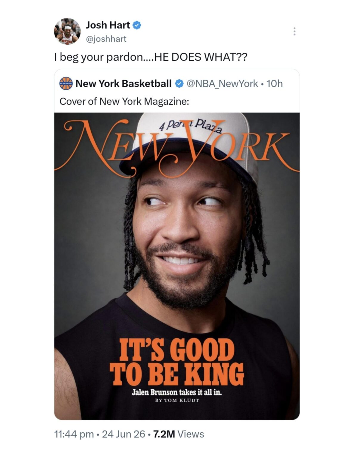 Josh Hart trolls Jalen Brunson over a caption on his new New York Magazine cover.
