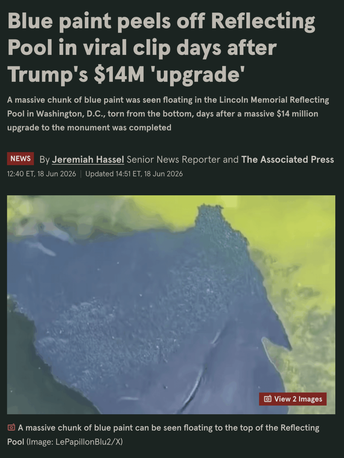 Huge chunks of blue paint are now peeling off the Reflecting Pool just days after Trump's $14 million repainting was finished