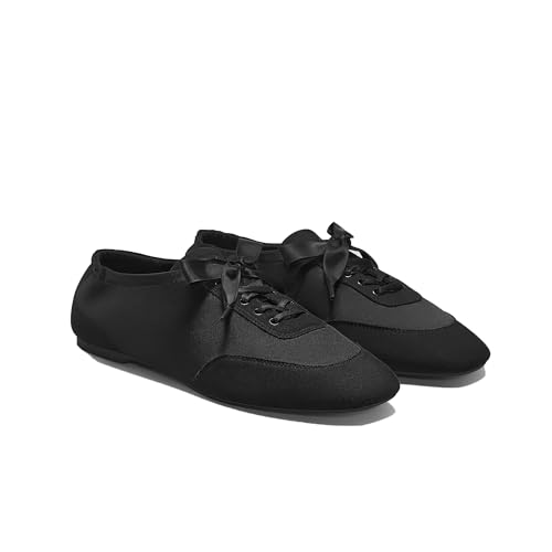 Vivaia Cristina Square Toe Lace Up Sneakerina for Women, Satin Foldable Ballet Flat, Comfortable Lightweight Fashion Flat Sneaker, Black, Us7.5
