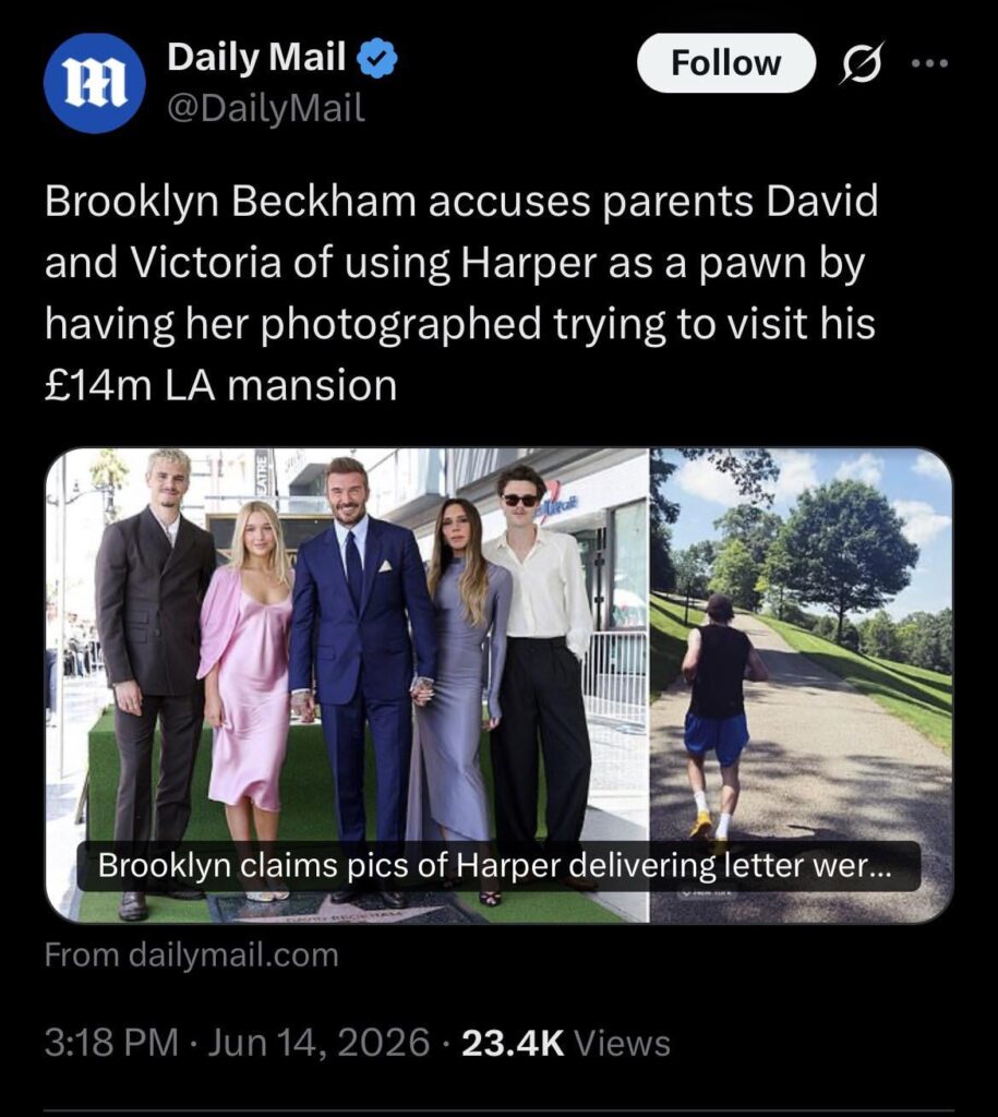Beckham feud update: Brooklyn Beckham accuses his parents of using sister Harper as a pawn Beckham feud update: Brooklyn Beckham accuses his parents of using sister Harper as a pawn