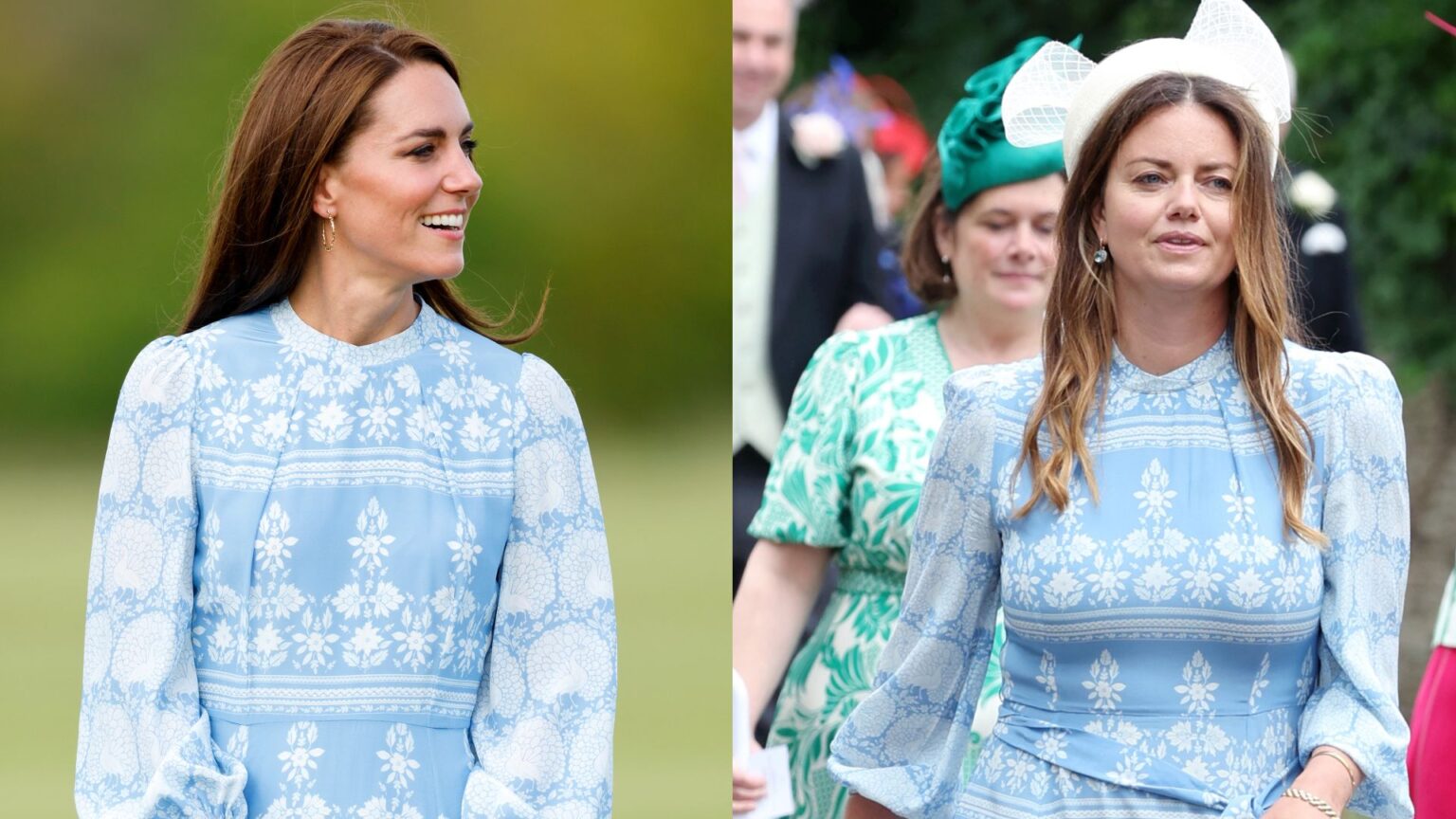 Princess Kate’s Ex-Boyfriend’s Wife Wore a Royal-Favorite Dress to Peter Phillips Wedding A split image of Princess Kate and Natasha Rufus Isaacs wearing the same blue dress