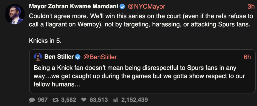 NYC Mayor Zoharan Mamdani on X: “We’ll win this series on the court (even if the refs refuse to call a flagrant on Wemby), not by targeting, harassing, or attacking Spurs fans”